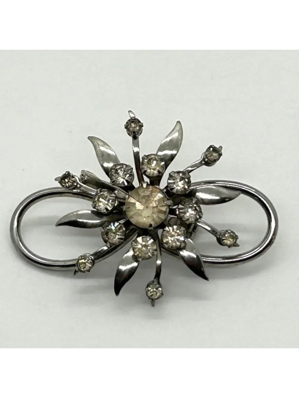 Vintage Clear Rhinestone Brooch Infinity Starburst Floral Pin Silver-tone MCM